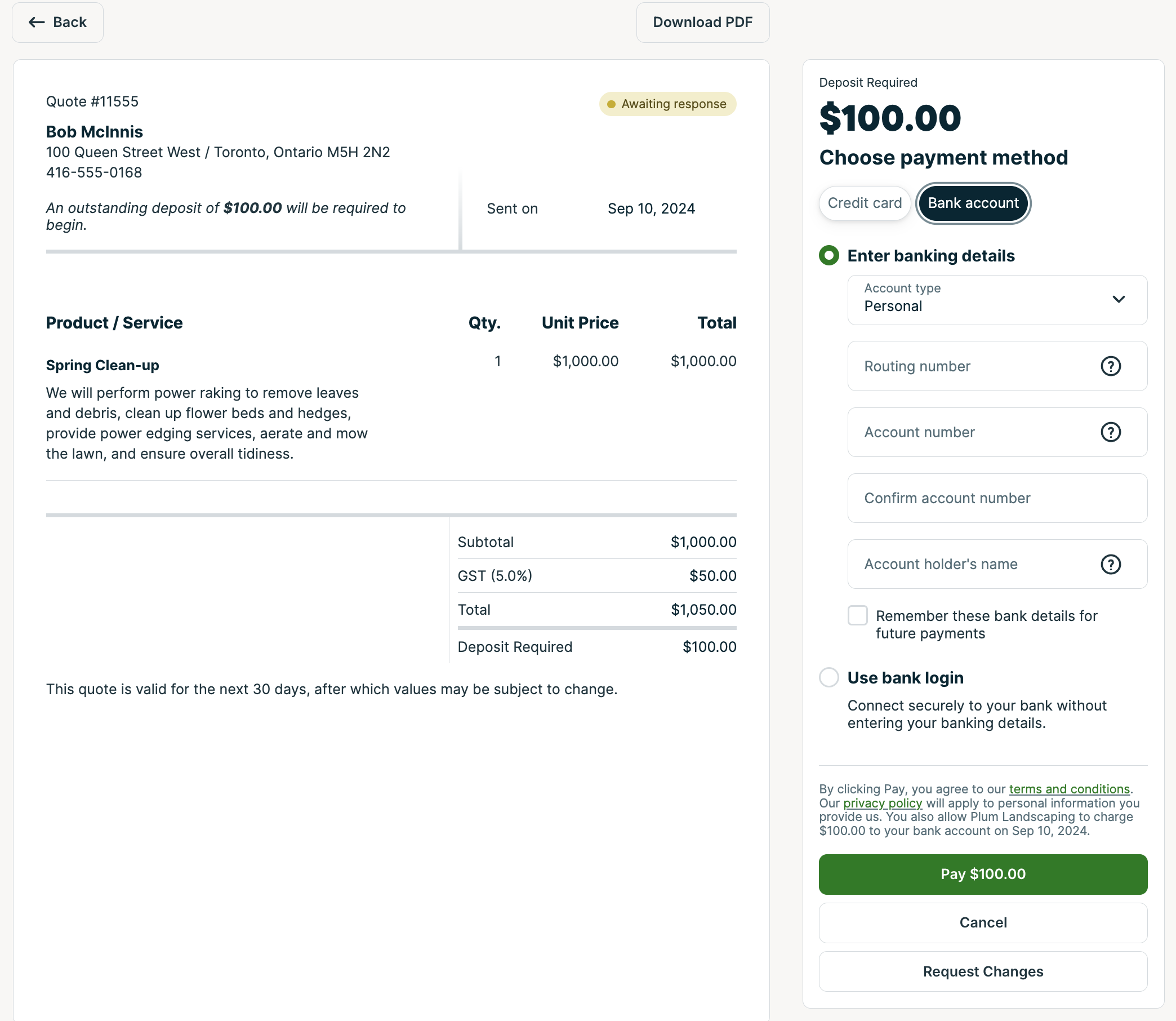 image of ACH payment option in Client Hub